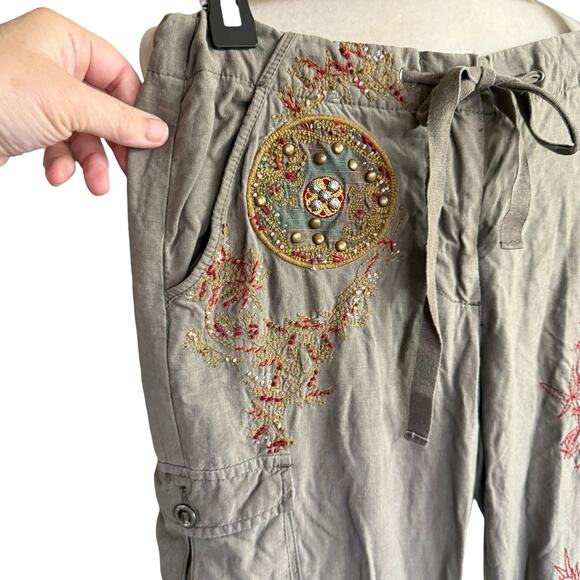 Vtg Y2K Da-nang Cargo Military Pants Embroidered Tan Large 34x31.5 Army Bohemian - Picture 2 of 9